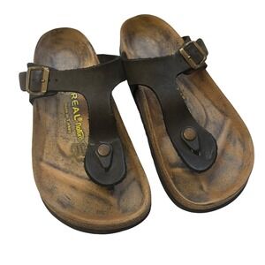 Real‎ Natura Women's Leather Thong Sandals Adjustable Buckle Black Retro L6 M4